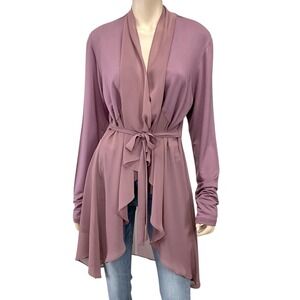 LOGO Lounge Cardigan Women Large Purple Long Sleeve Longline Duster Tie Waist